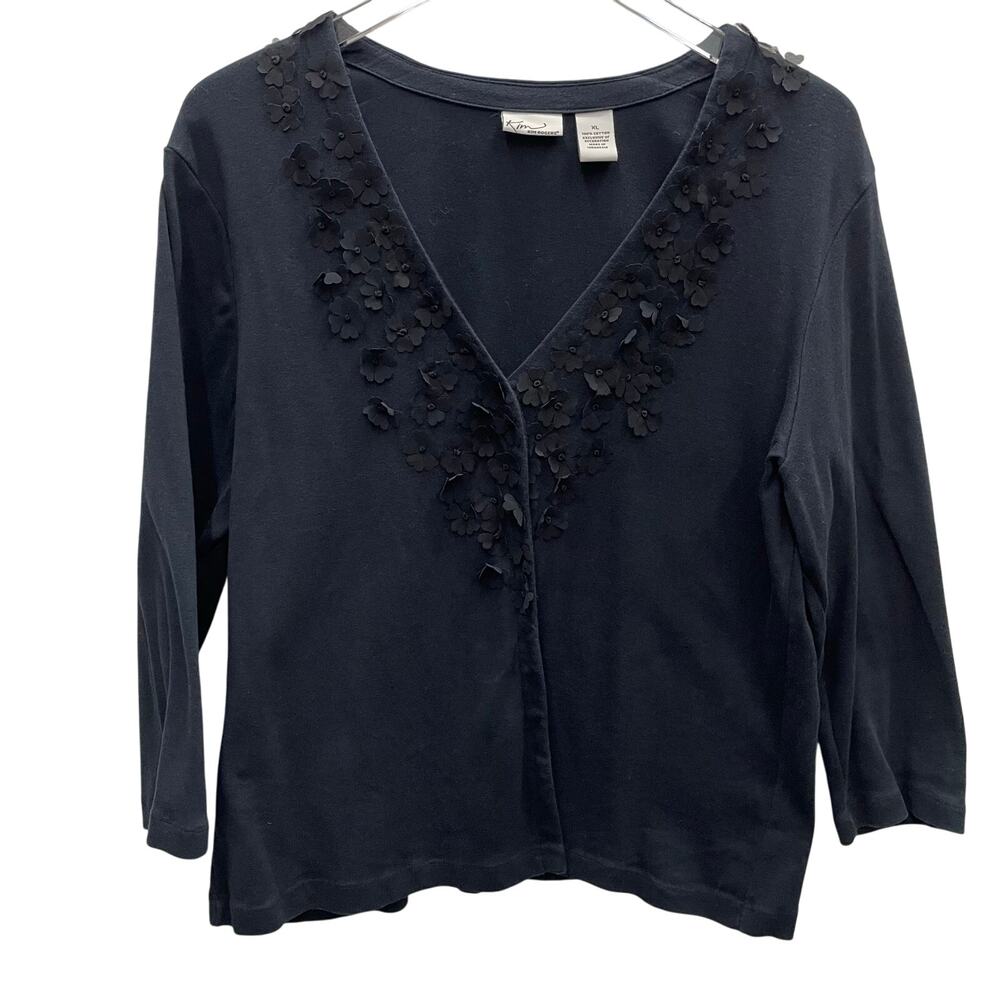 Kim Rogers Black Cardigan With Floral Embellishments Women’s Size XL